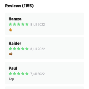 Screenshot van de app waar reviews voor de opdrachtgever zichtbaar zijn ter ondersteuning van het artikel beoordelingssysteem.